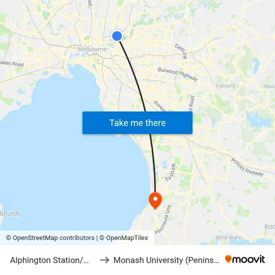 Alphington Station/Wingrove St to Monash University (Peninsula Campus) map