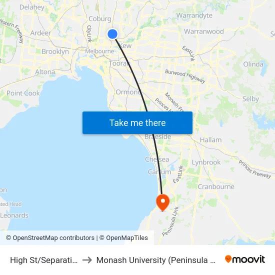 High St/Separation St to Monash University (Peninsula Campus) map
