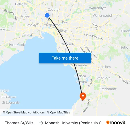 Thomas St/Wilson St to Monash University (Peninsula Campus) map