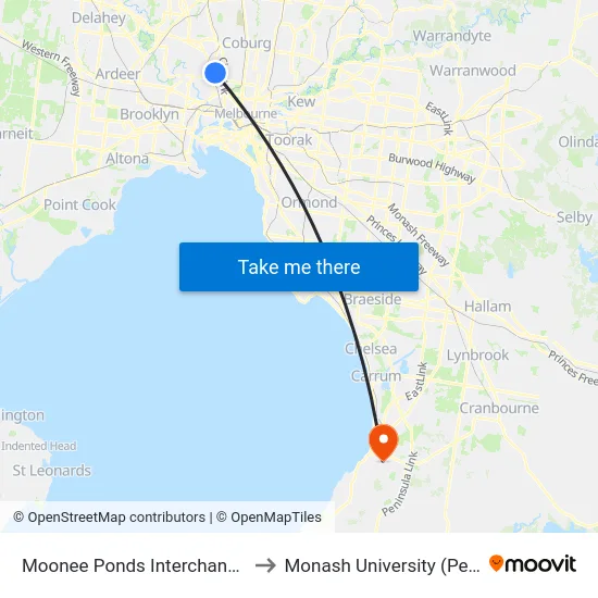 Moonee Ponds Interchange/Mt Alexander Rd to Monash University (Peninsula Campus) map