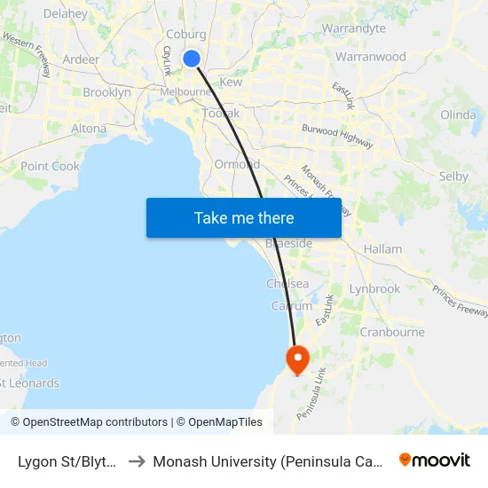 Lygon St/Blyth St to Monash University (Peninsula Campus) map