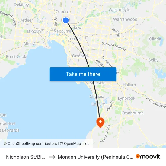 Nicholson St/Blyth St to Monash University (Peninsula Campus) map
