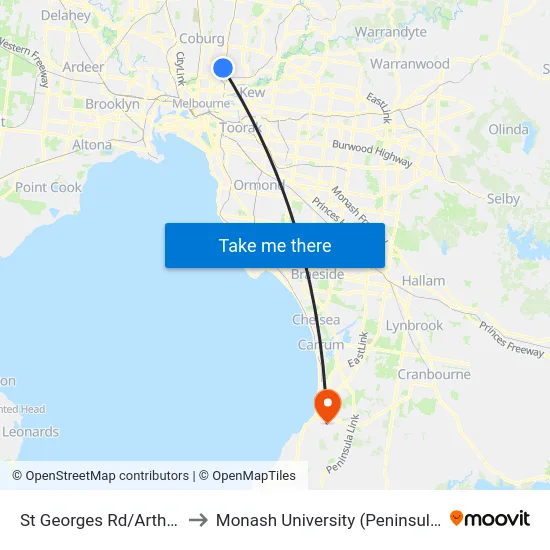 St Georges Rd/Arthurton Rd to Monash University (Peninsula Campus) map