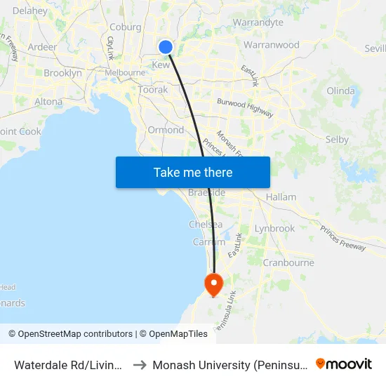 Waterdale Rd/Livingstone St to Monash University (Peninsula Campus) map