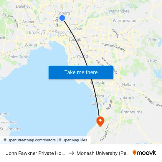 John Fawkner Private Hospital/Moreland Rd to Monash University (Peninsula Campus) map
