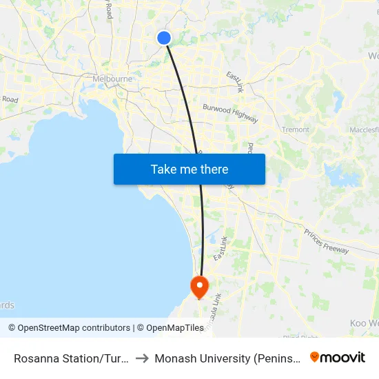 Rosanna Station/Turnham Ave to Monash University (Peninsula Campus) map