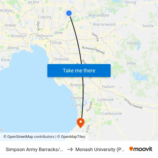 Simpson Army Barracks/Greensborough Hwy to Monash University (Peninsula Campus) map
