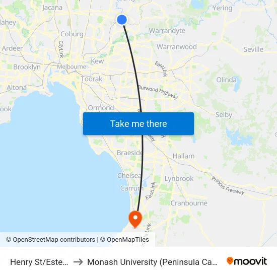 Henry St/Ester St to Monash University (Peninsula Campus) map