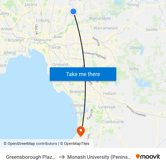 Greensborough Plaza/Main St to Monash University (Peninsula Campus) map