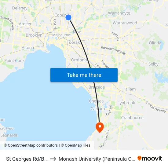 St Georges Rd/Bell St to Monash University (Peninsula Campus) map
