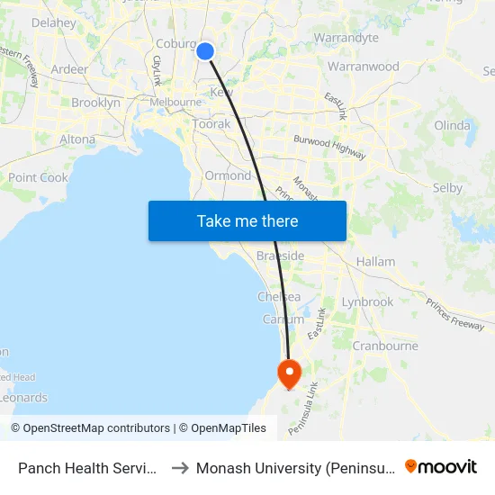 Panch Health Service/Bell St to Monash University (Peninsula Campus) map