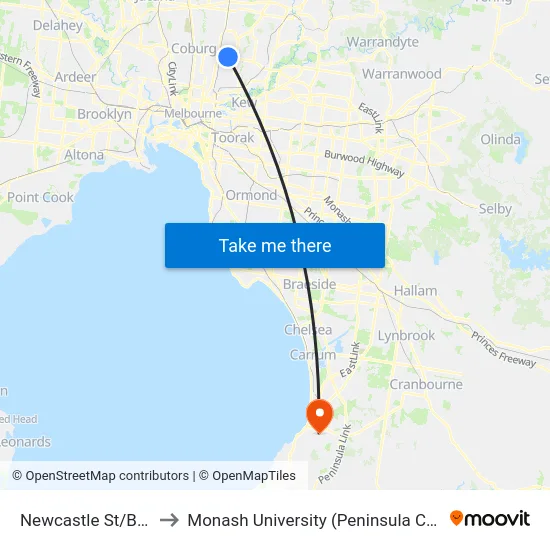 Newcastle St/Bell St to Monash University (Peninsula Campus) map