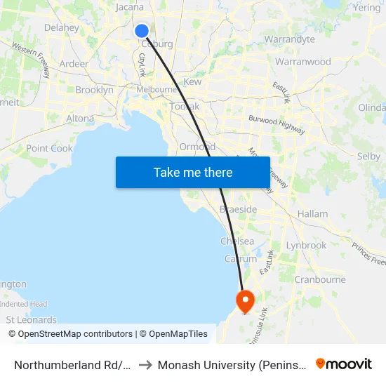 Northumberland Rd/Pascoe St to Monash University (Peninsula Campus) map