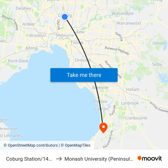Coburg Station/146 Bell St to Monash University (Peninsula Campus) map