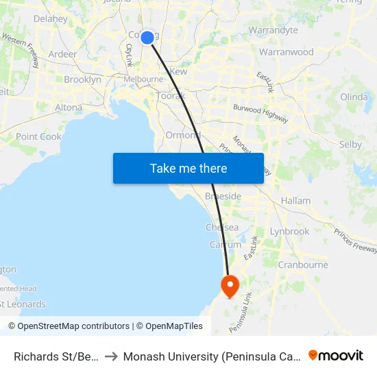 Richards St/Bell St to Monash University (Peninsula Campus) map