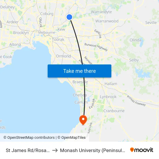 St James Rd/Rosanna Rd to Monash University (Peninsula Campus) map