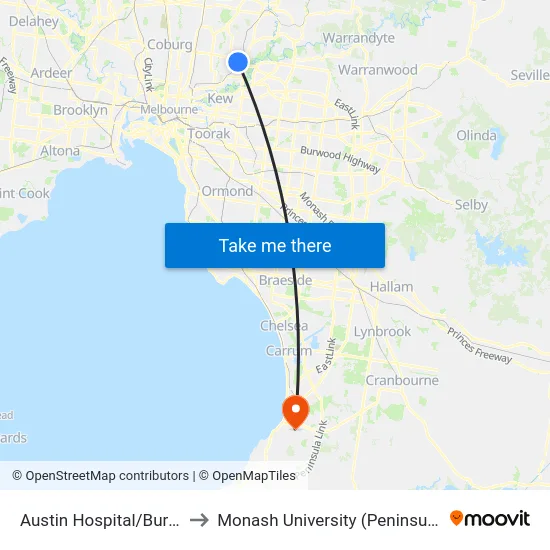 Austin Hospital/Burgundy St to Monash University (Peninsula Campus) map