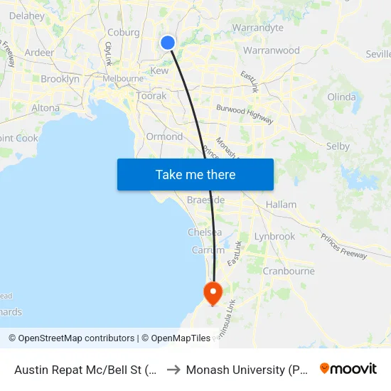 Austin Repat Mc/Bell St to Monash University (Peninsula Campus) map