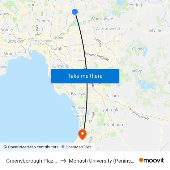Greensborough Plaza/Main St to Monash University (Peninsula Campus) map