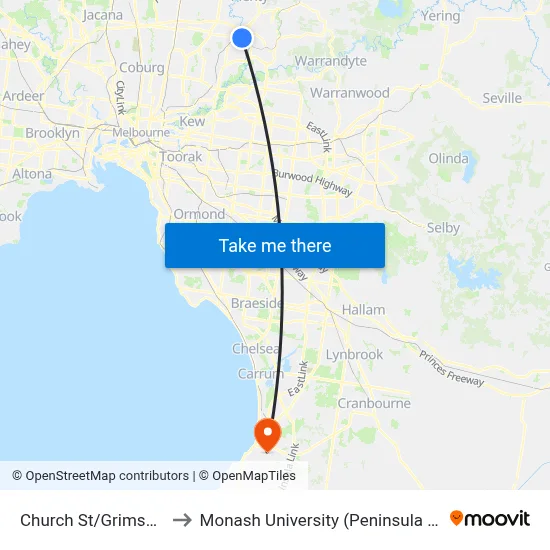 Church St/Grimshaw St to Monash University (Peninsula Campus) map