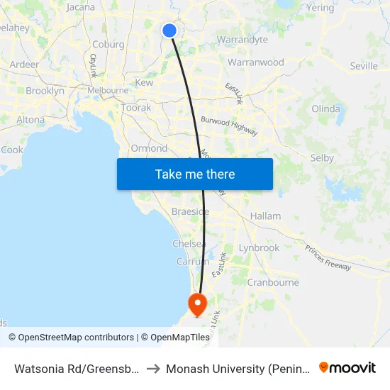 Watsonia Rd/Greensborough Hwy to Monash University (Peninsula Campus) map