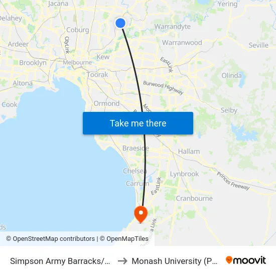 Simpson Army Barracks/Greensborough Hwy to Monash University (Peninsula Campus) map