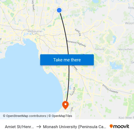Amiet St/Henry St to Monash University (Peninsula Campus) map