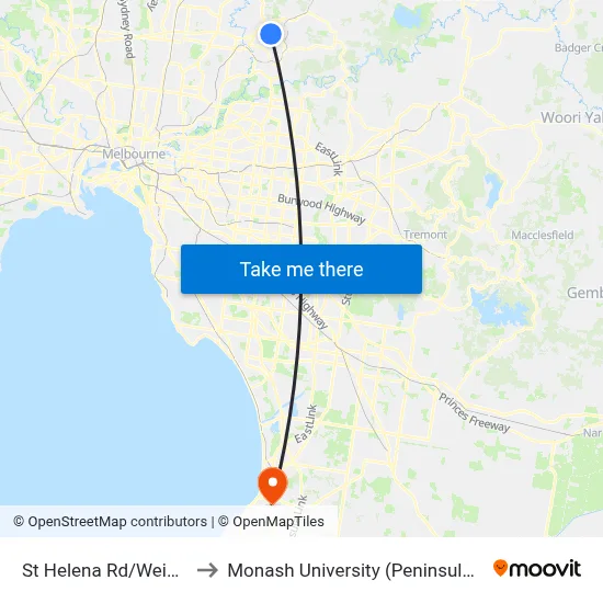 St Helena Rd/Weidlich Rd to Monash University (Peninsula Campus) map