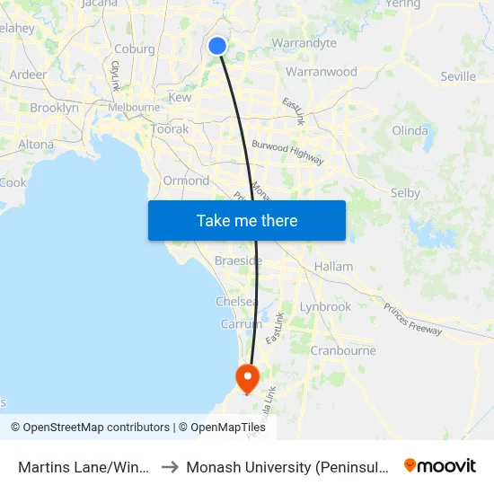 Martins Lane/Winston Rd to Monash University (Peninsula Campus) map