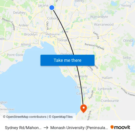 Sydney Rd/Mahoneys Rd to Monash University (Peninsula Campus) map