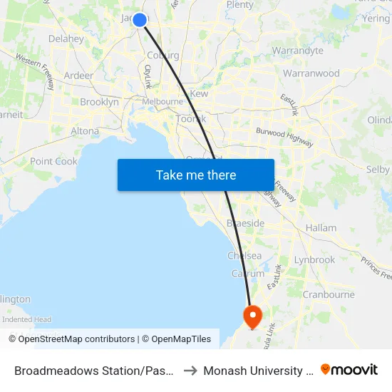 Broadmeadows Station/Pascoe Vale Rd to Monash University (Peninsula Campus) map