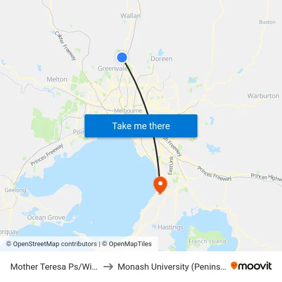Mother Teresa Ps/Windrock Ave to Monash University (Peninsula Campus) map