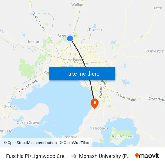 Fuschia Pl/Lightwood Cres to Monash University (Peninsula Campus) map