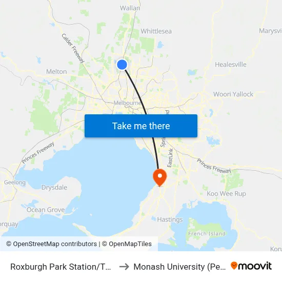 Roxburgh Park Station/Thomas Brunton Pde to Monash University (Peninsula Campus) map