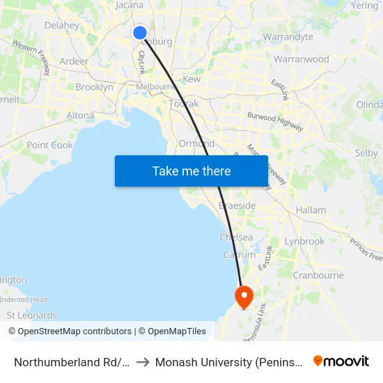 Northumberland Rd/Devon Rd to Monash University (Peninsula Campus) map