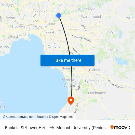 Banksia St/Lower Heidelberg Rd to Monash University (Peninsula Campus) map