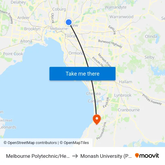Melbourne Polytechnic/Heidelberg Rd to Monash University (Peninsula Campus) map