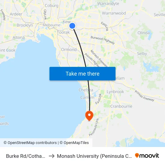 Burke Rd/Cotham Rd to Monash University (Peninsula Campus) map