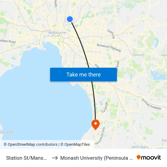 Station St/Mansfield St to Monash University (Peninsula Campus) map