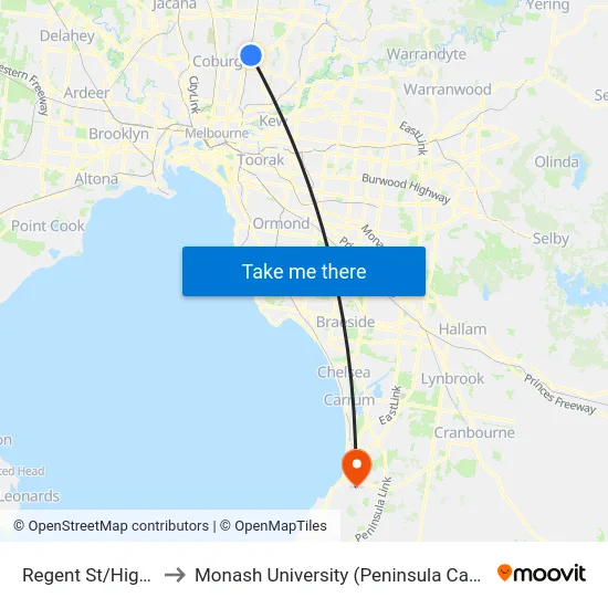 Regent St/High St to Monash University (Peninsula Campus) map