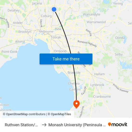 Ruthven Station/High St to Monash University (Peninsula Campus) map