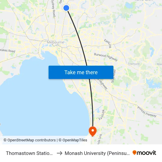 Thomastown Station/High St to Monash University (Peninsula Campus) map