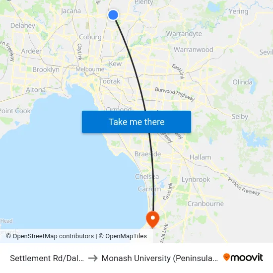 Settlement Rd/Dalton Rd to Monash University (Peninsula Campus) map