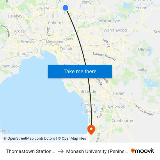 Thomastown Station/Station St to Monash University (Peninsula Campus) map
