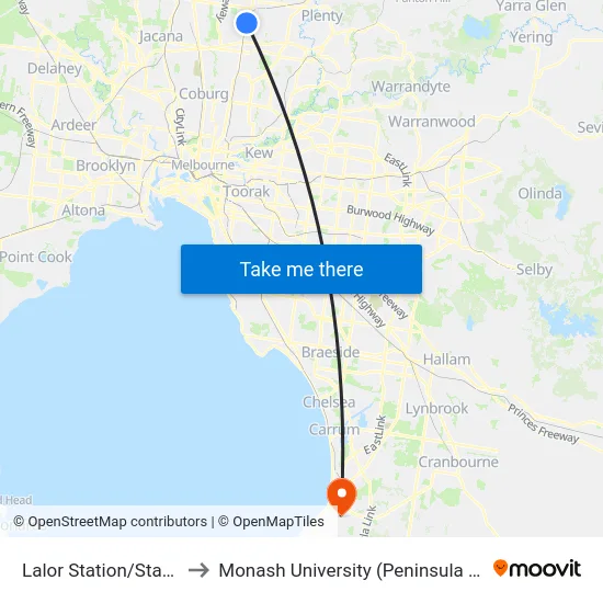 Lalor Station/Station St to Monash University (Peninsula Campus) map