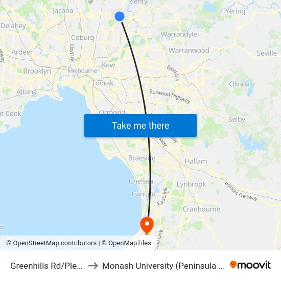 Greenhills Rd/Plenty Rd to Monash University (Peninsula Campus) map