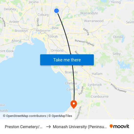 Preston Cemetery/Plenty Rd to Monash University (Peninsula Campus) map
