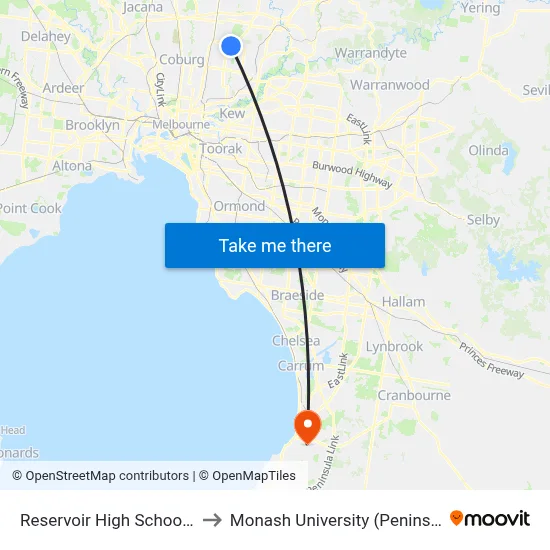 Reservoir High School/Plenty Rd to Monash University (Peninsula Campus) map