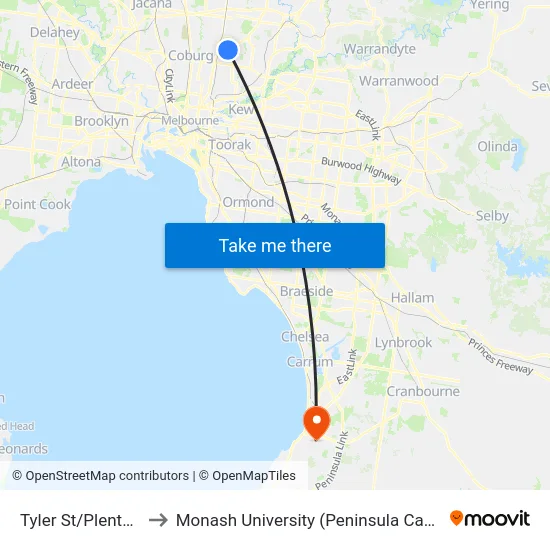 Tyler St/Plenty Rd to Monash University (Peninsula Campus) map