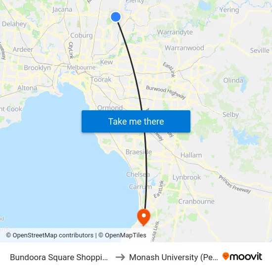Bundoora Square Shopping Centre/Plenty Rd to Monash University (Peninsula Campus) map
